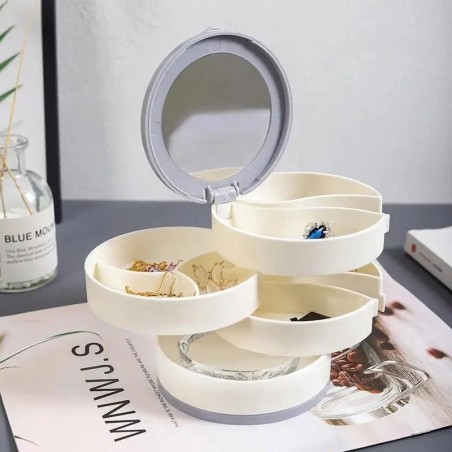 Boîte à bijoux rotative 360° 4 niveaux avec miroir coloris blanc
