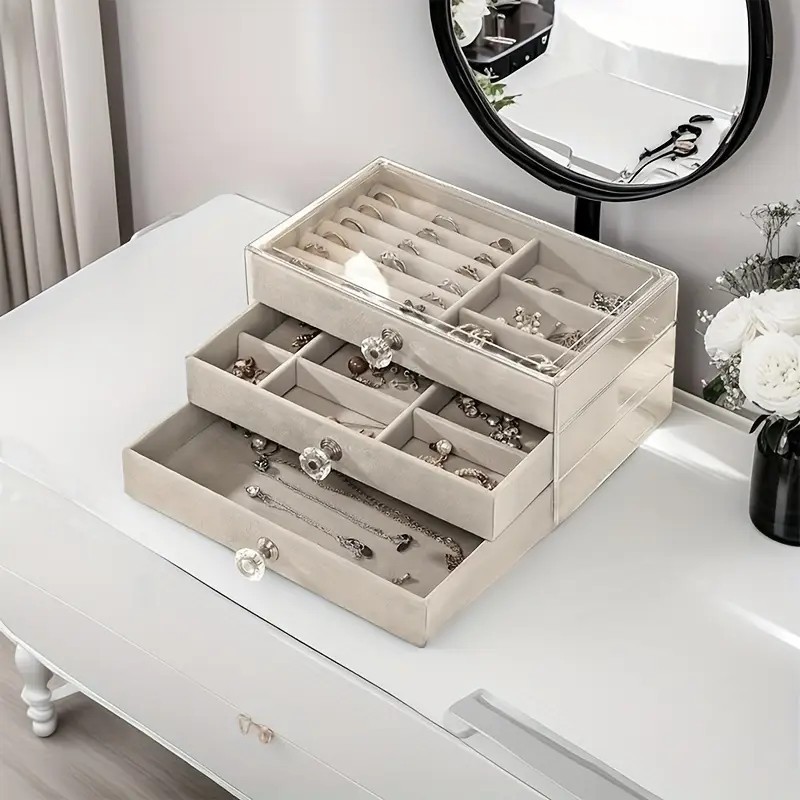 Boîte à bijoux en acrylique avec 3 tiroirs en velours gris