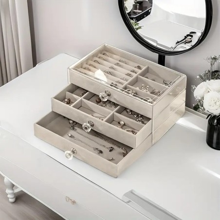 Boîte à bijoux en acrylique avec 3 tiroirs en velours gris